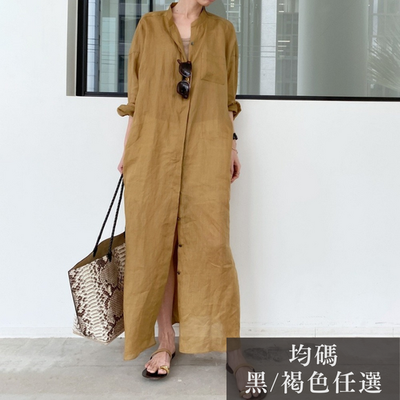 日韓夏季襯衫長裙女2022春夏新款純色亞麻寬鬆薄款洋裝