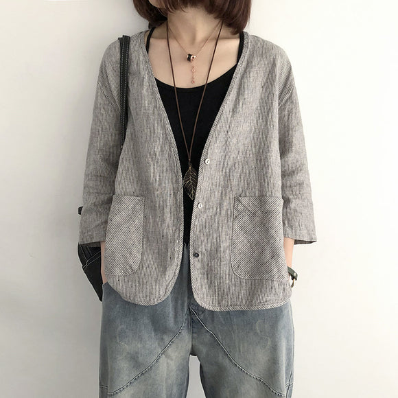 春夏新款豎條紋寬鬆顯瘦V領開衫上衣薄款亞麻休閒外套女裝防曬衣