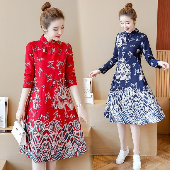 春秋季大尺碼女裝改良旗袍顯瘦洋裝中國風中式復古洋裝