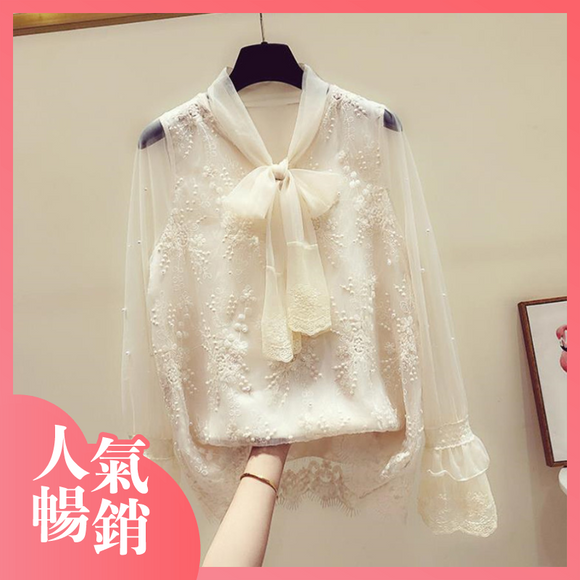 早春氣質仙氣網紗蕾絲上衣