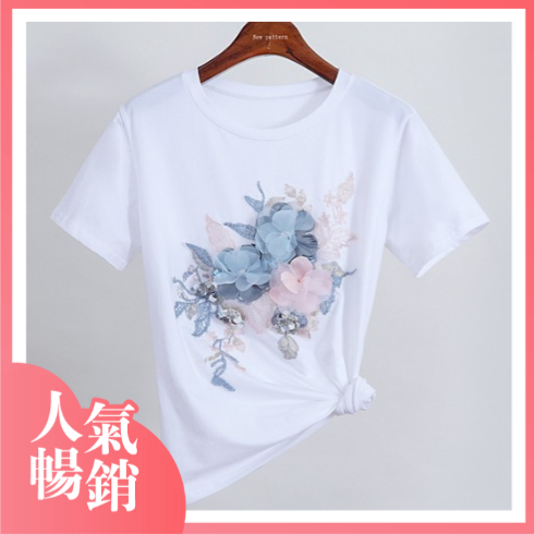 藍色個性刺繡碎花蕾絲白T恤
