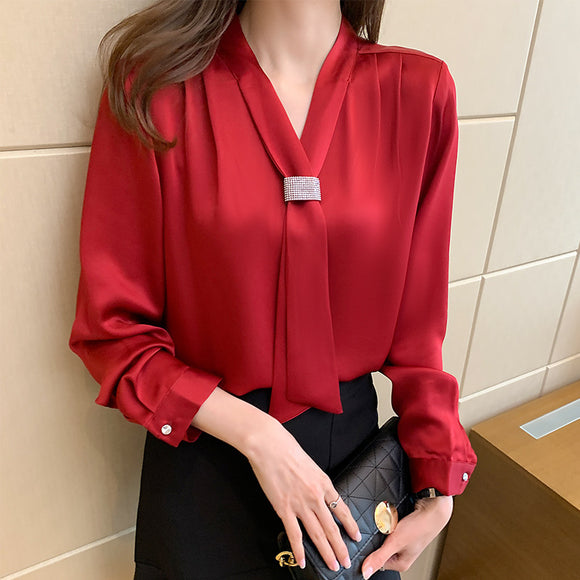 醋酸緞面上衣女長袖時尚真絲襯衫v領酒紅色歐美內搭上衣