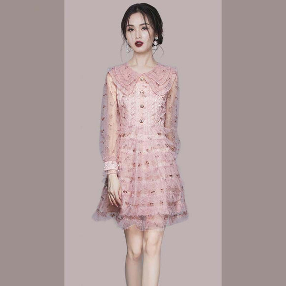 小香風名媛洋裝2022秋季新款氣質收腰小個子粉色繡花釘珠蛋糕裙