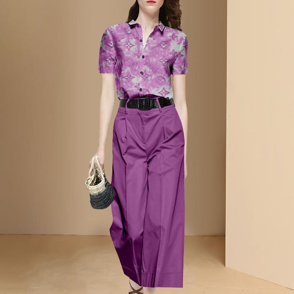 夏季2022新款時尚休閒紫色套裝女印花襯衫寬褲子兩件式套裝