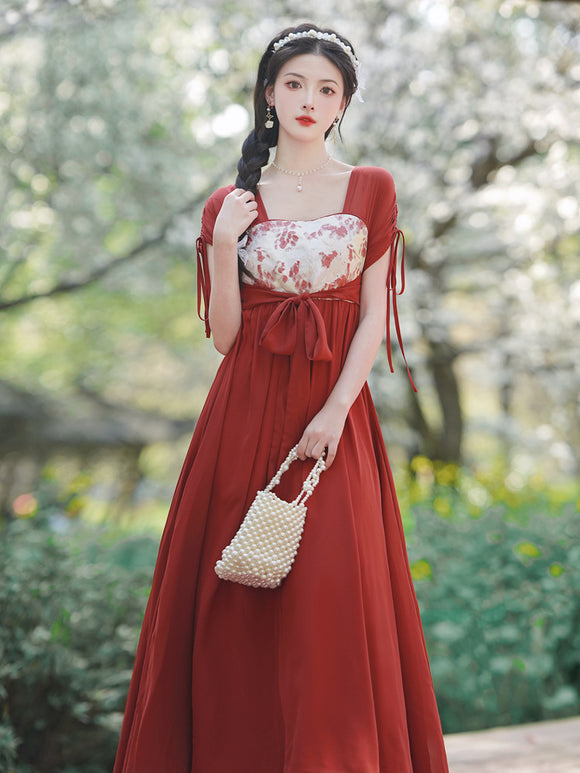 新中式國風改良漢服元素齊胸裙紅色提花少女洋裝復古文藝氣質裙