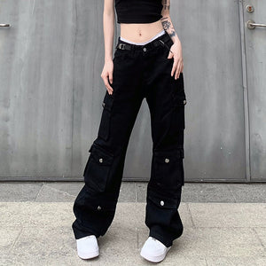 2023夏季個性街頭時尚ig直筒顯瘦多口袋工裝褲女