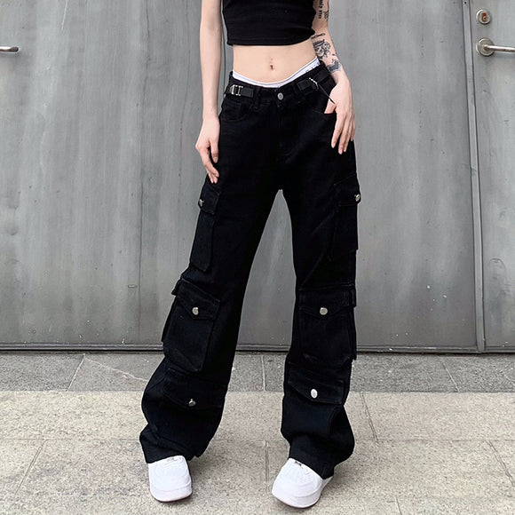 2023夏季個性街頭時尚ig直筒顯瘦多口袋工裝褲女