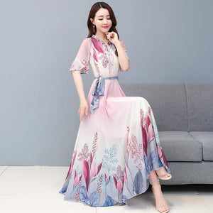 雪紡洋裝女2022夏裝新款時尚歐美印花拼接修身顯瘦過膝中長裙潮