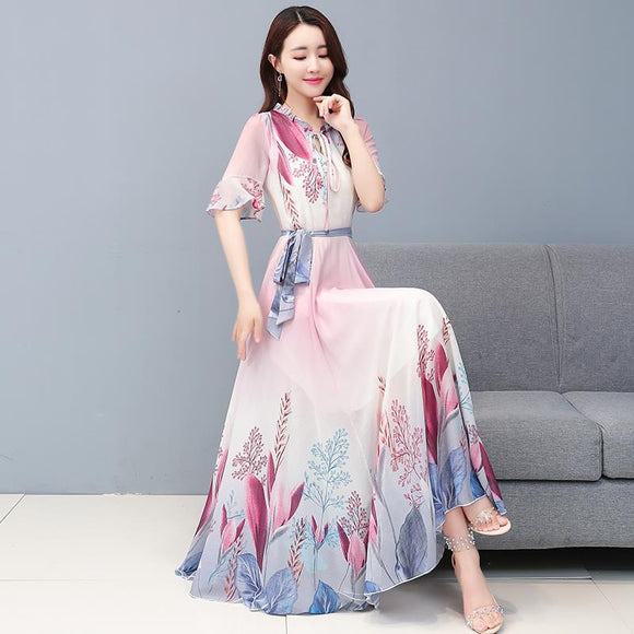 雪紡洋裝女2022夏裝新款時尚歐美印花拼接修身顯瘦過膝中長裙潮