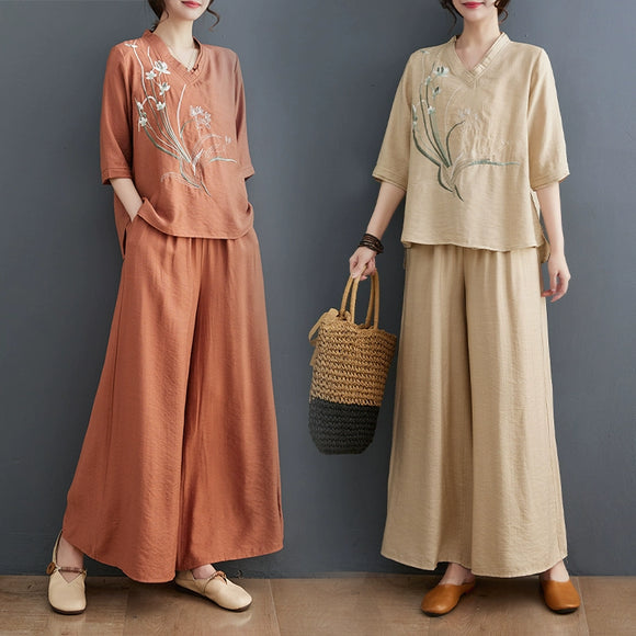 復古中國風棉麻套裝女夏季寬鬆大尺碼歐美刺繡上衣顯瘦寬褲兩件式套裝