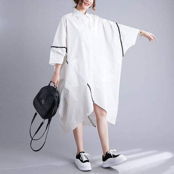 大尺碼女裝夏季胖短袖開衫純棉長裙寬鬆襯衫洋裝