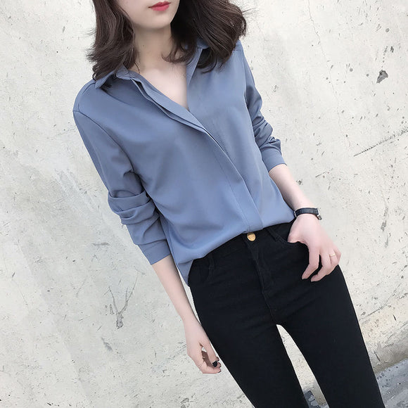 2022春夏女新款襯衫女長袖寬鬆韓版氣質v領雪紡純色內搭上衣