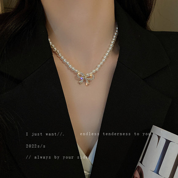珍珠鑲鑽蝴蝶結項鍊韓國設計感復古鎖骨鏈頸鍊氣質ig項飾女
