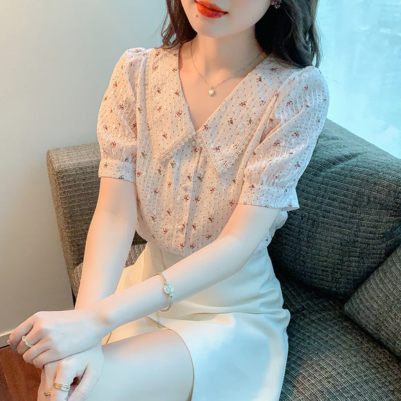 年夏季法式古典浪漫印花時尚翻領襯衫上衣短袖襯衣