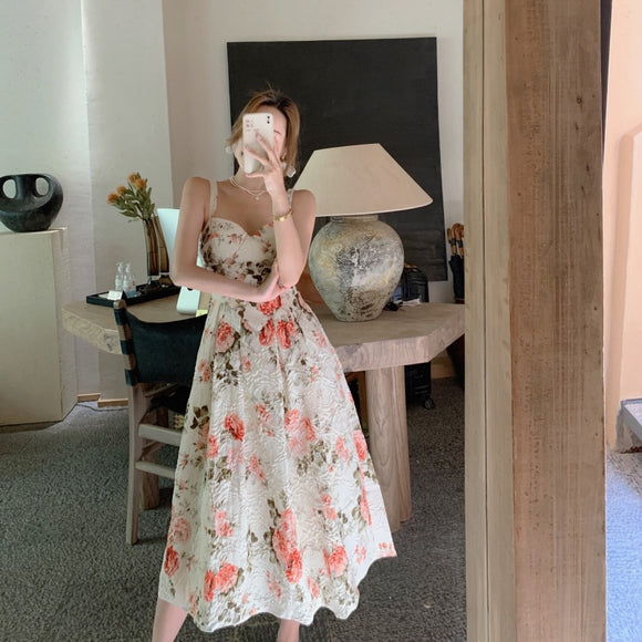 法式復古宮廷風碎花洋裝女春夏印花吊帶裙年公主裙
