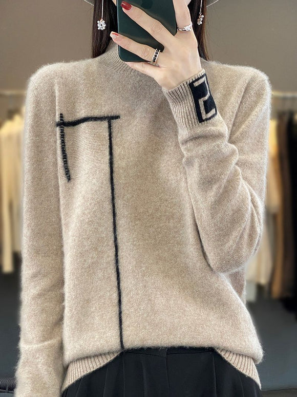 秋冬半高領拼接撞色羊毛衫套頭毛衣女寬鬆百搭拼色針織內搭上衣