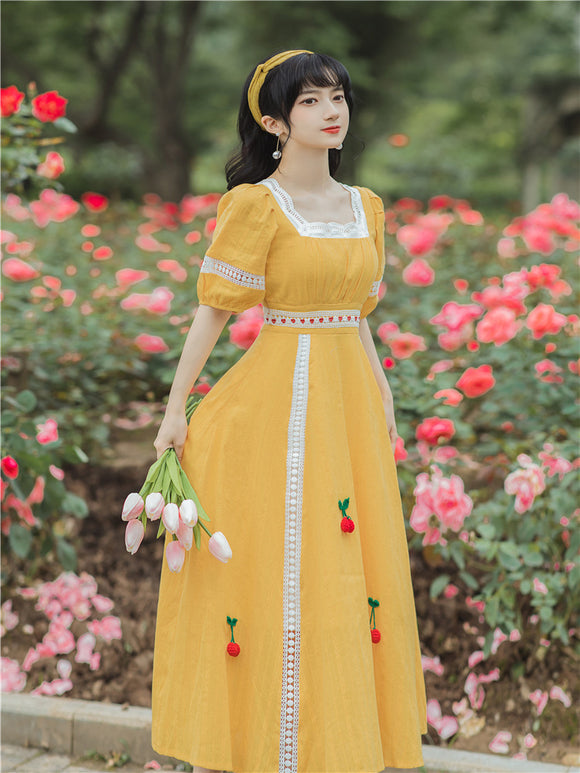 夏季法式復古文藝方領溫柔風洋裝子仙女超仙森系甜美初戀