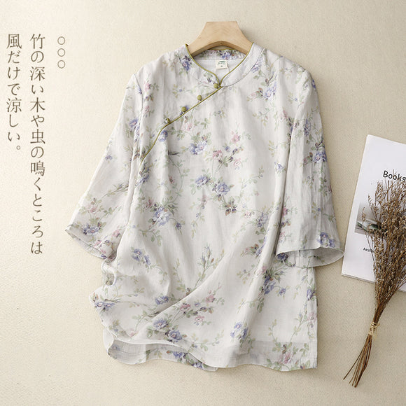 春夏中式國風女立領印花復古棉麻內搭上衣