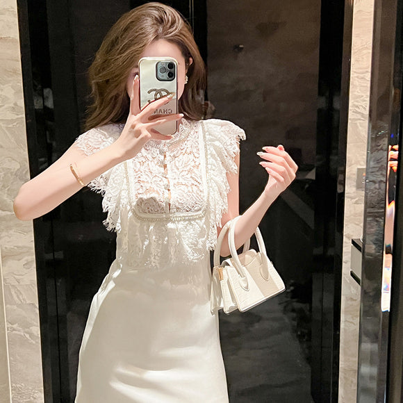 A字禮服裙2024夏季名媛氣質鑲鑽蕾絲邊收腰白色洋裝90191
