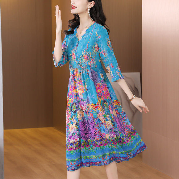 復古桑蠶絲洋裝女2023夏季媽媽裝時尚氣質顯瘦度假碎花裙子