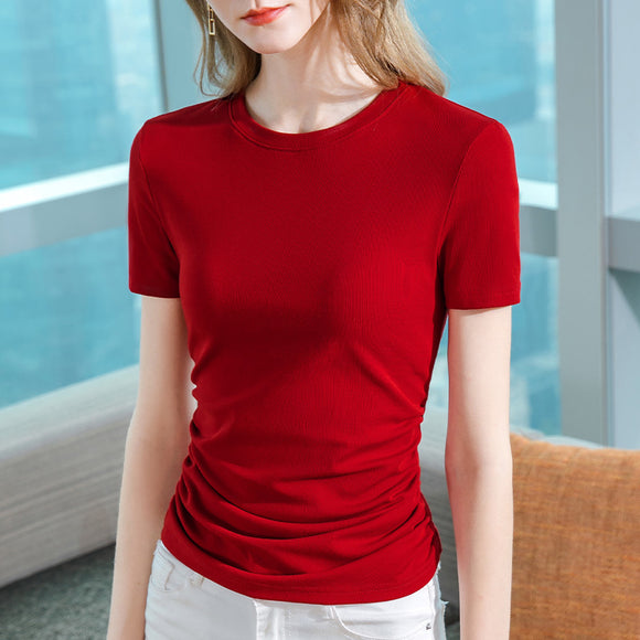 短袖T恤女夏女裝純色圓領彈力棉T恤高腰設計感褶皺上衣