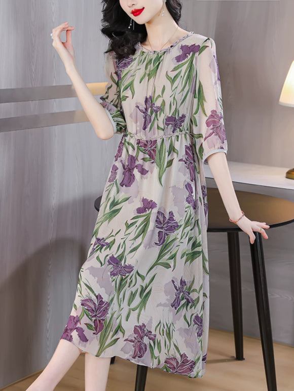 夏季紫色雪紡印花洋裝2023時尚媽媽寬鬆碎花長裙子夏女