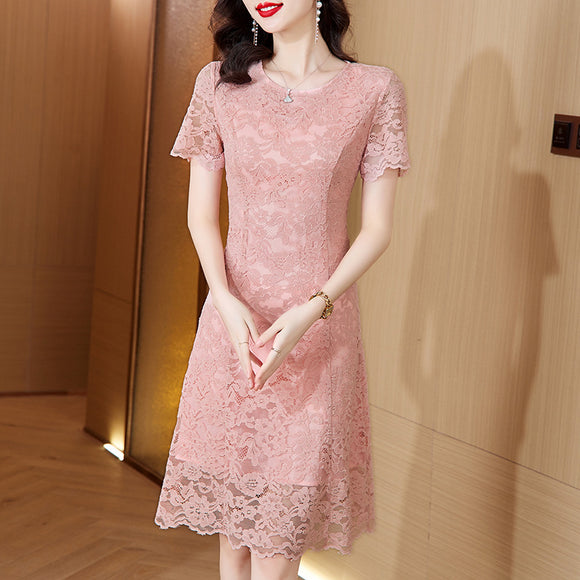 短袖蕾絲粉色洋裝女2023夏季時尚優雅氣質減齡修身顯瘦裙子