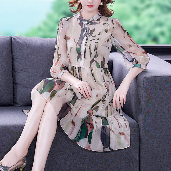 名媛氣質碎花雪紡洋裝女早秋季2021年新款時尚歐美中年媽媽裝