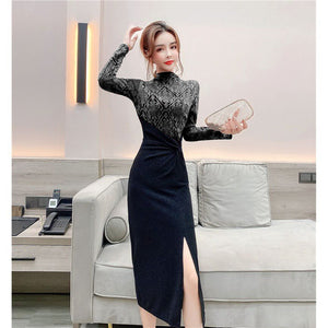 女裝2022名媛時尚氣質亮絲拼接開叉收腰顯瘦晚會禮服洋裝