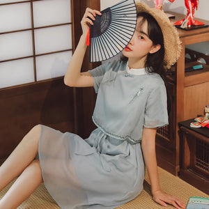 夏季新款文藝復古國風改良文雅漢服元素盤釦刺繡雪紡洋裝5254#