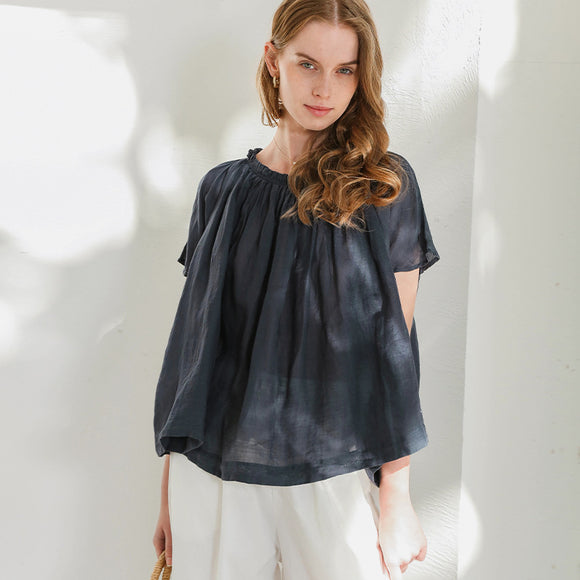 100s棉麻T恤上衣小眾荷葉邊領設計感 夏季微微透寬鬆大尺碼蝙蝠袖罩衫