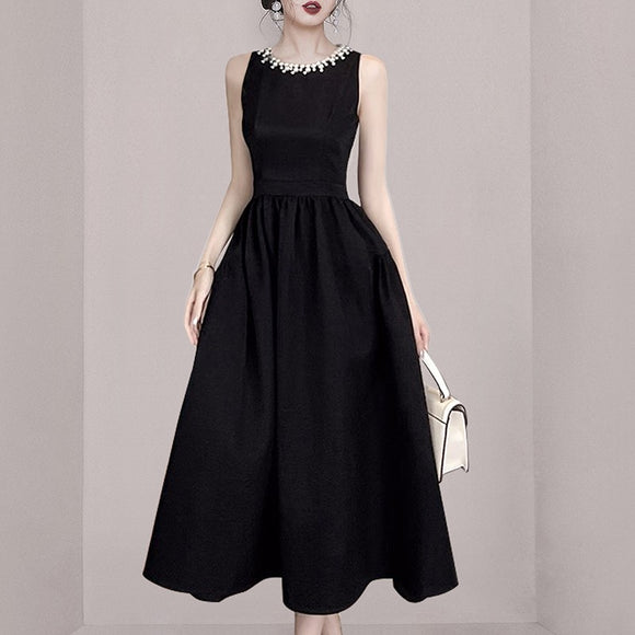 歐風夏季黑色洋裝女輕奢赫本風氣質顯瘦背心裙高級感