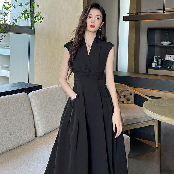 夏季女裝優雅氣質V領扭結收腰赫本風長款口袋洋裝