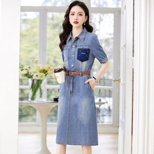 薄牛仔洋裝2023年夏季女裝時尚歐美短袖中長款襯衫領修身裙