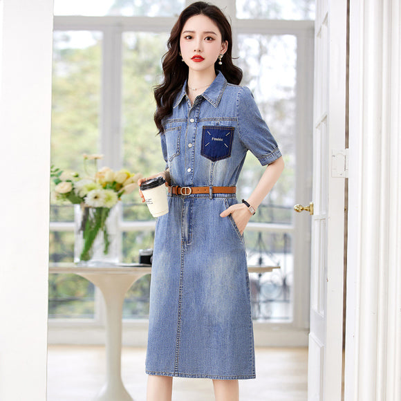 薄牛仔洋裝2023年夏季女裝時尚歐美短袖中長款襯衫領修身裙