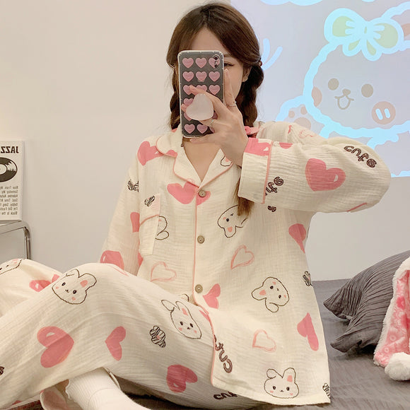 睡衣女春秋款紗布純棉長袖薄款開衫軟糯小兔秋冬季大尺碼家居服套裝