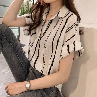 夏裝新款韓版大尺碼豎條紋襯衫女短袖寬鬆顯瘦通勤內搭上衣女裝