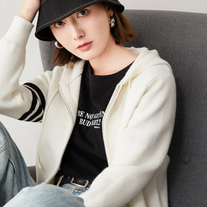 2021春秋新款長袖白色開衫連帽氣質通勤純色韓版女裝針織寬鬆外套