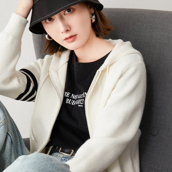 2021春秋新款長袖白色開衫連帽氣質通勤純色韓版女裝針織寬鬆外套