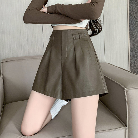 皮短褲女秋冬pu皮寬褲高腰休閒褲寬鬆褲子外穿靴褲女