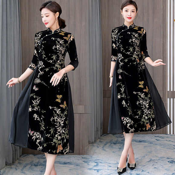 中國風金絲絨洋裝大尺碼改良旗袍
