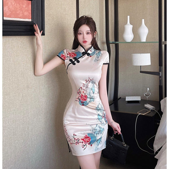 夏季復古印花中國風改良少女開叉洋裝短袖旗袍