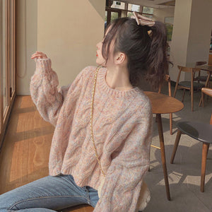 粉色甜美套頭加厚針織上衣2022新款韓版慵懶風寬鬆毛衣女冬季