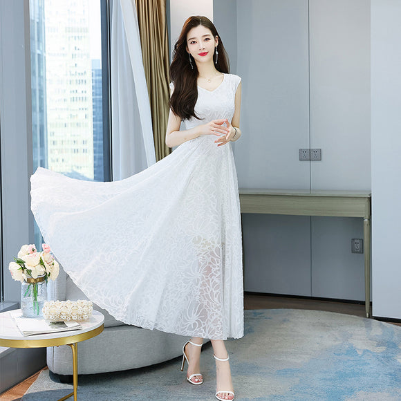 雪紡洋裝女夏季時尚歐美V領拼接收腰顯瘦沙灘裙中長款