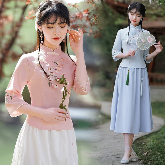 棉麻繡花中國風唐裝復古文藝茶服改良旗袍上衣兩件式套裝