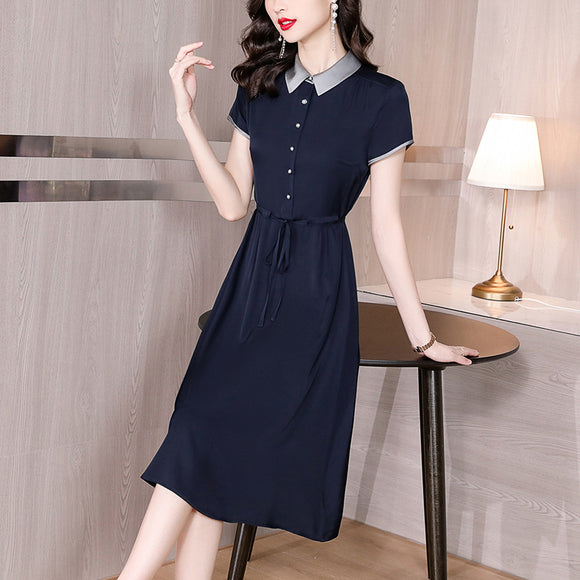 杭州真絲洋裝女夏季中年媽媽純色時尚氣質通勤顯瘦裙子