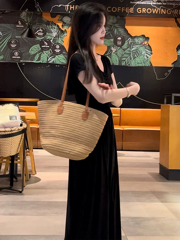 女裝法式黑色垂墜感2023長裙