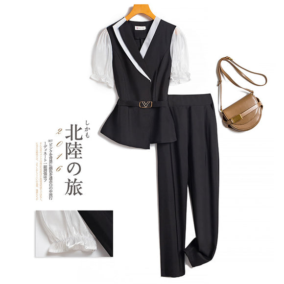 歐美時尚職業褲套裝女夏季收腰短袖上衣九分褲兩件式套裝5684