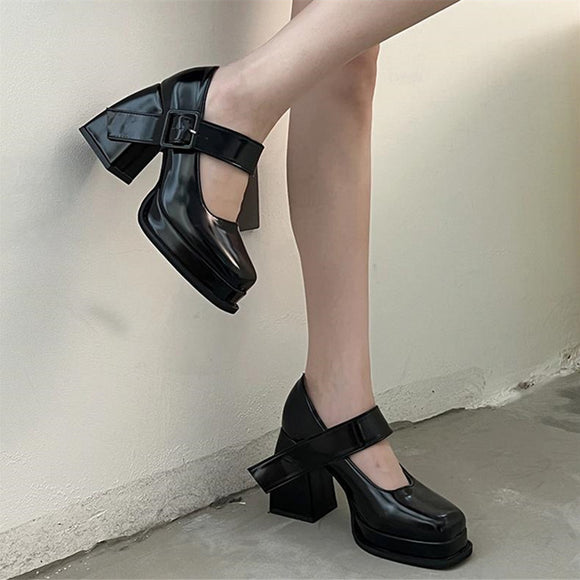 黑色瑪麗珍小皮鞋女年超火時尚氣質粗跟復古淺口高跟鞋潮