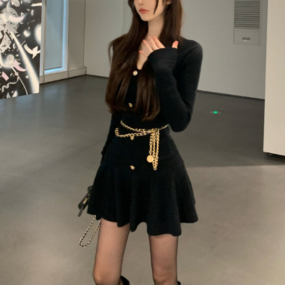 御姐設計感長袖2023秋冬女裝純欲針織洋裝性感短款毛衣裙女潮
